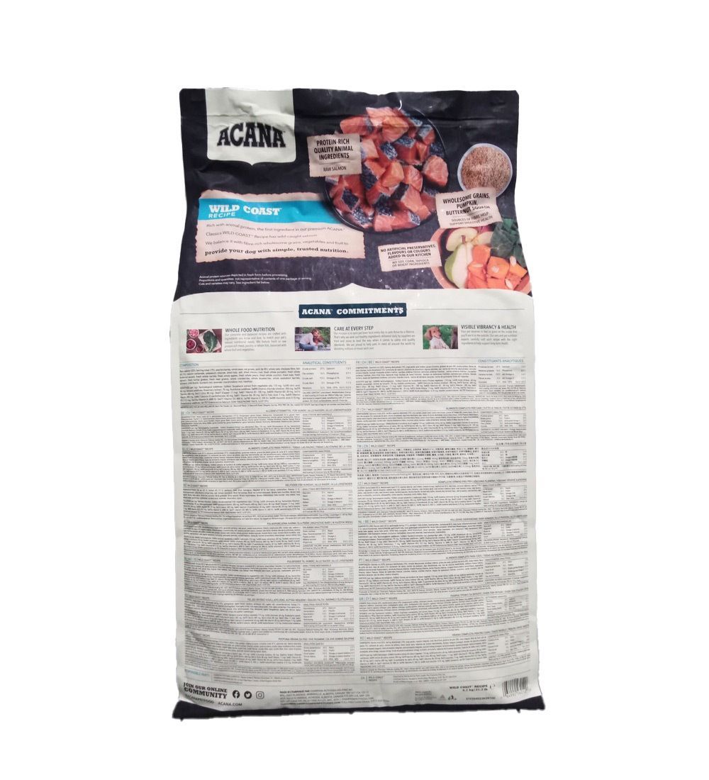 Dos du sac de nourriture pour chiens ACANA Wild Coast. Texte avec informations nutritionnelles et ingrédients. Illustration des ingrédients.