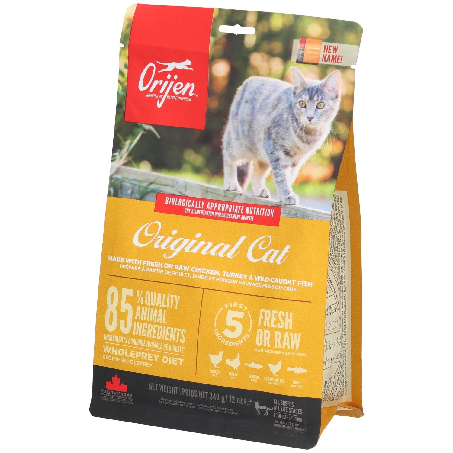 Orijen Original Cat nourriture sèche : 85% d'ingrédients animaux, 5 ingrédients frais ou crus. Poulet, dinde, poisson.