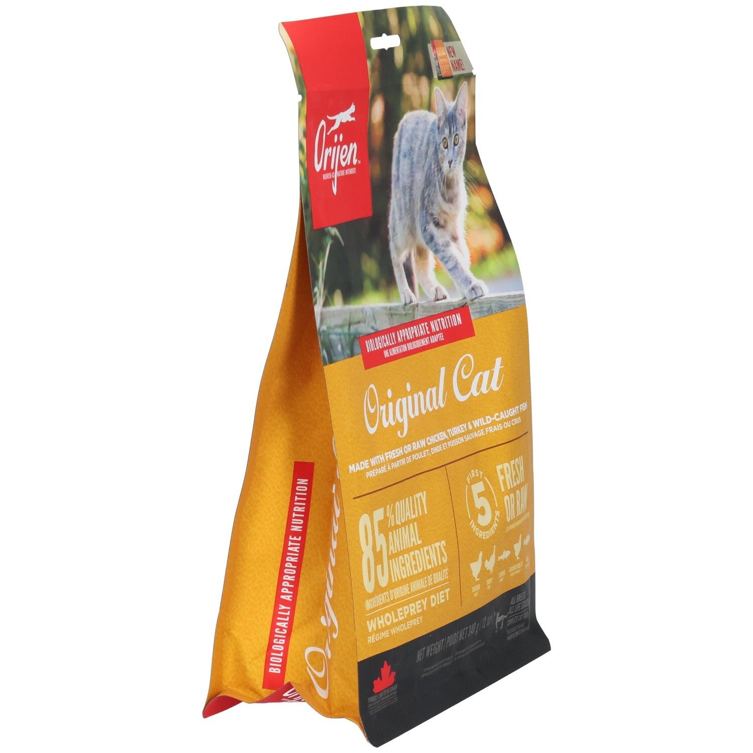 Orijen Original Cat nourriture sèche : 85% d'ingrédients animaux, 5 ingrédients frais ou crus. Poulet, dinde, poisson.