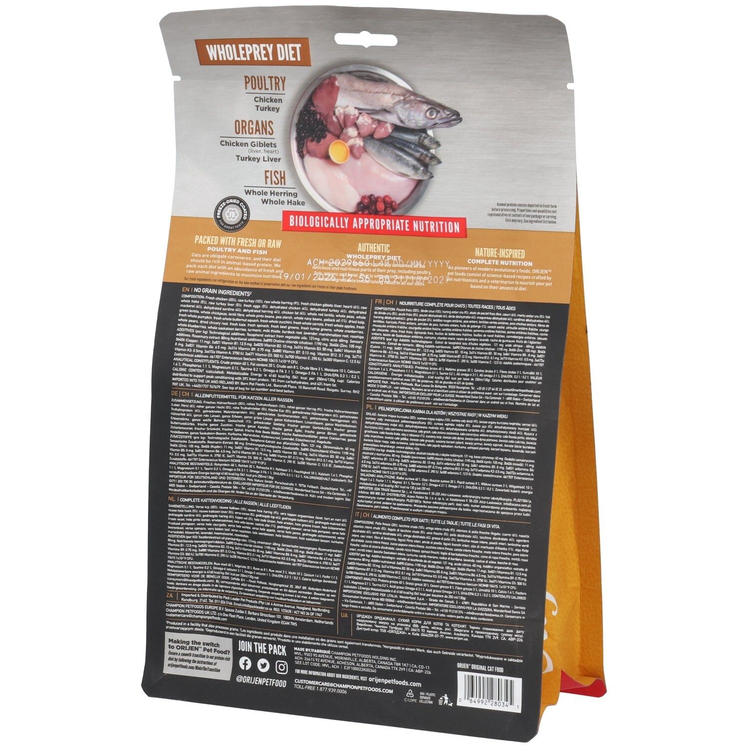 Orijen Original Cat nourriture sèche arrière : Volaille, poisson, abats. Nutrition biologiquement appropriée.