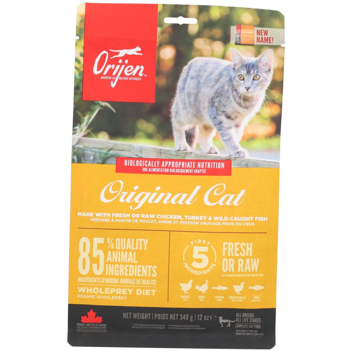 Orijen Original Cat nourriture sèche : 85% d'ingrédients animaux, 5 ingrédients frais ou crus. Poulet, dinde, poisson.
