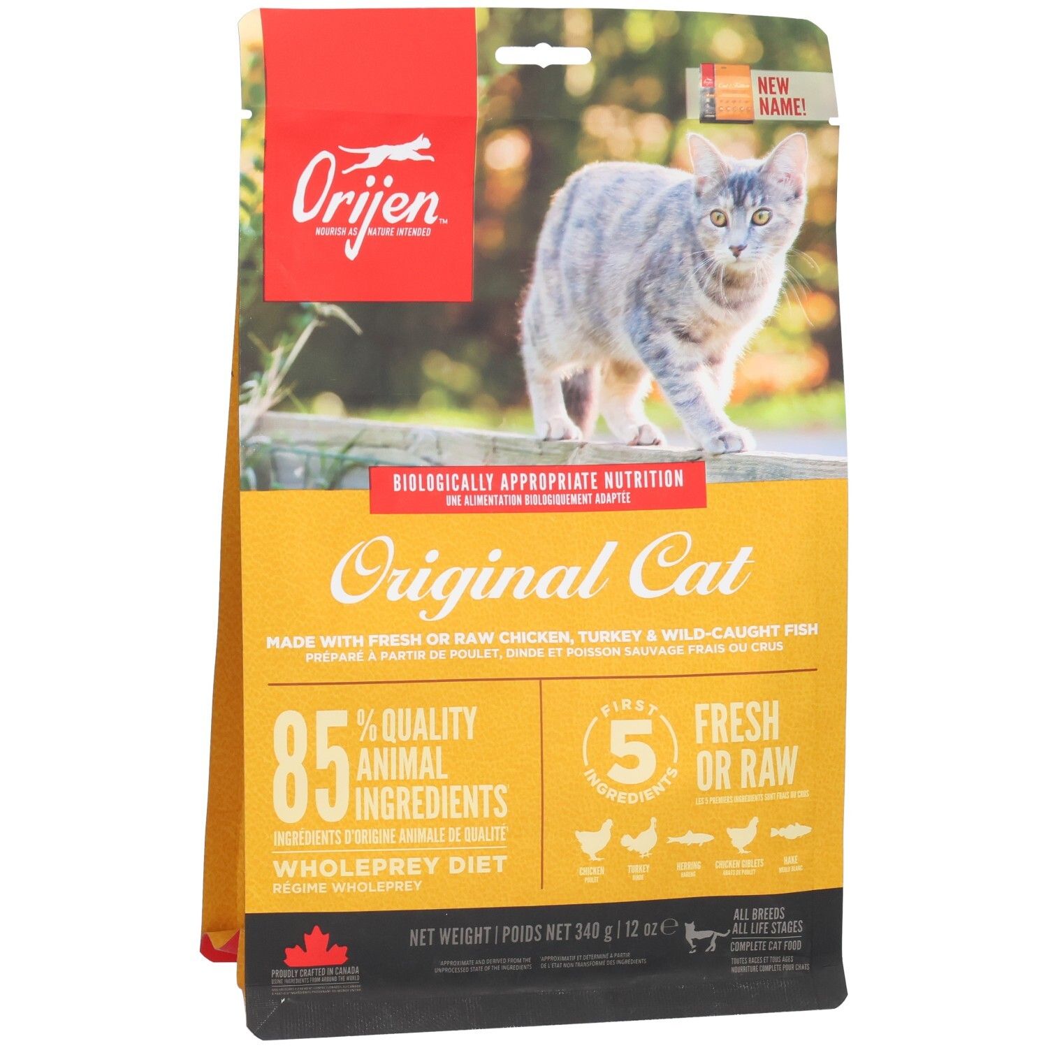 Orijen Original Cat nourriture sèche : 85% d'ingrédients animaux, 5 ingrédients frais ou crus. Poulet, dinde, poisson.