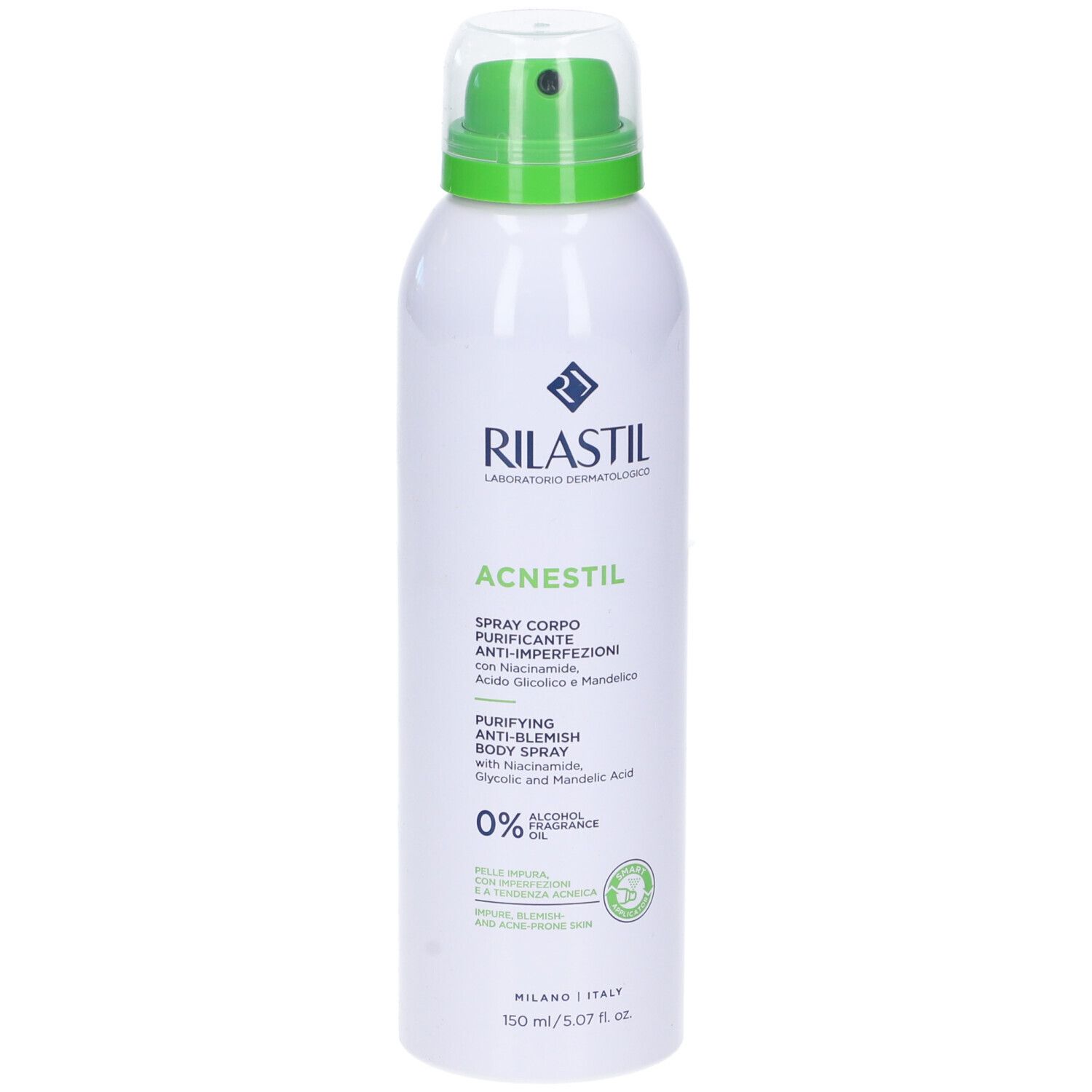Rilastil Acnestil Spray Corpo. Flacon blanc avec vaporisateur vert. Texte: Acnestil, 0% alcool, 150 ml.