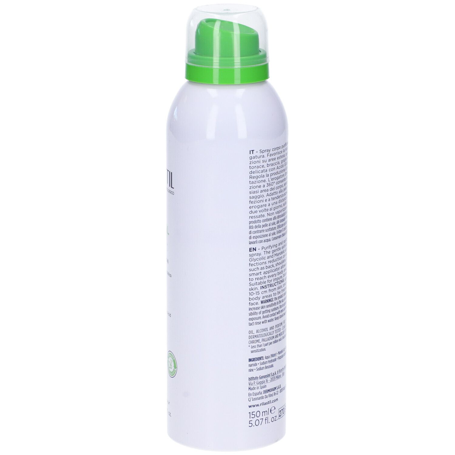 Rilastil Acnestil Spray Corpo. Bouteille blanche avec vaporisateur vert. Vue latérale avec texte. 0% alcool.