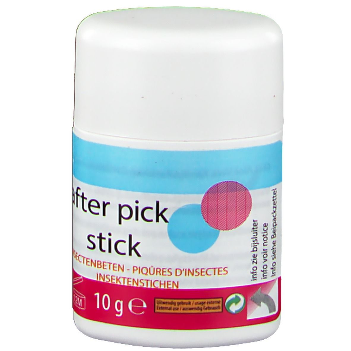 Stick blanc avec graphique bleu-rouge et texte 'after pick. stick'. Texte: piqûres d'insectes, 10g e.