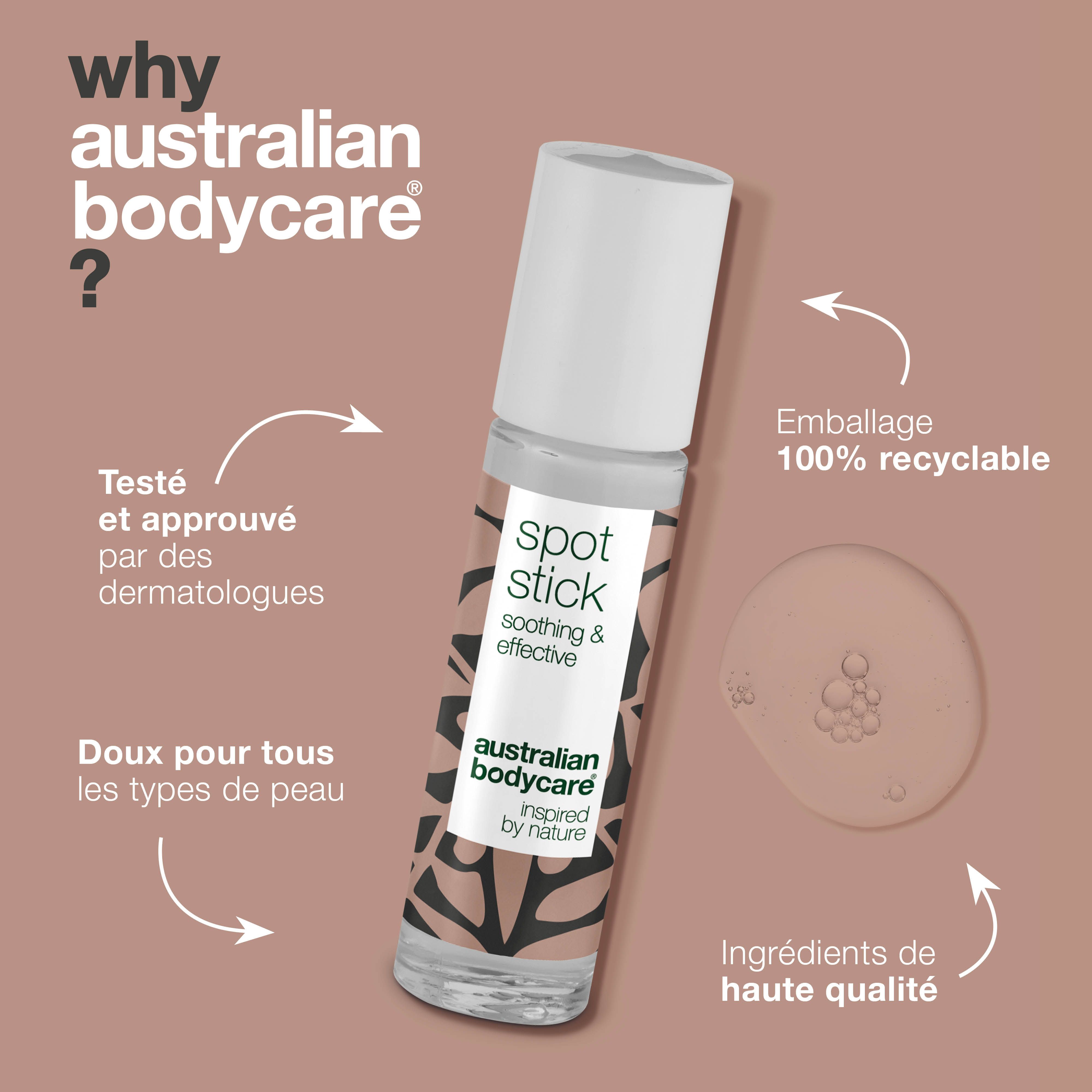 Spot Stick avec bouchon blanc. Inscription: Spot Stick, soothing & effective, Australian Bodycare.
