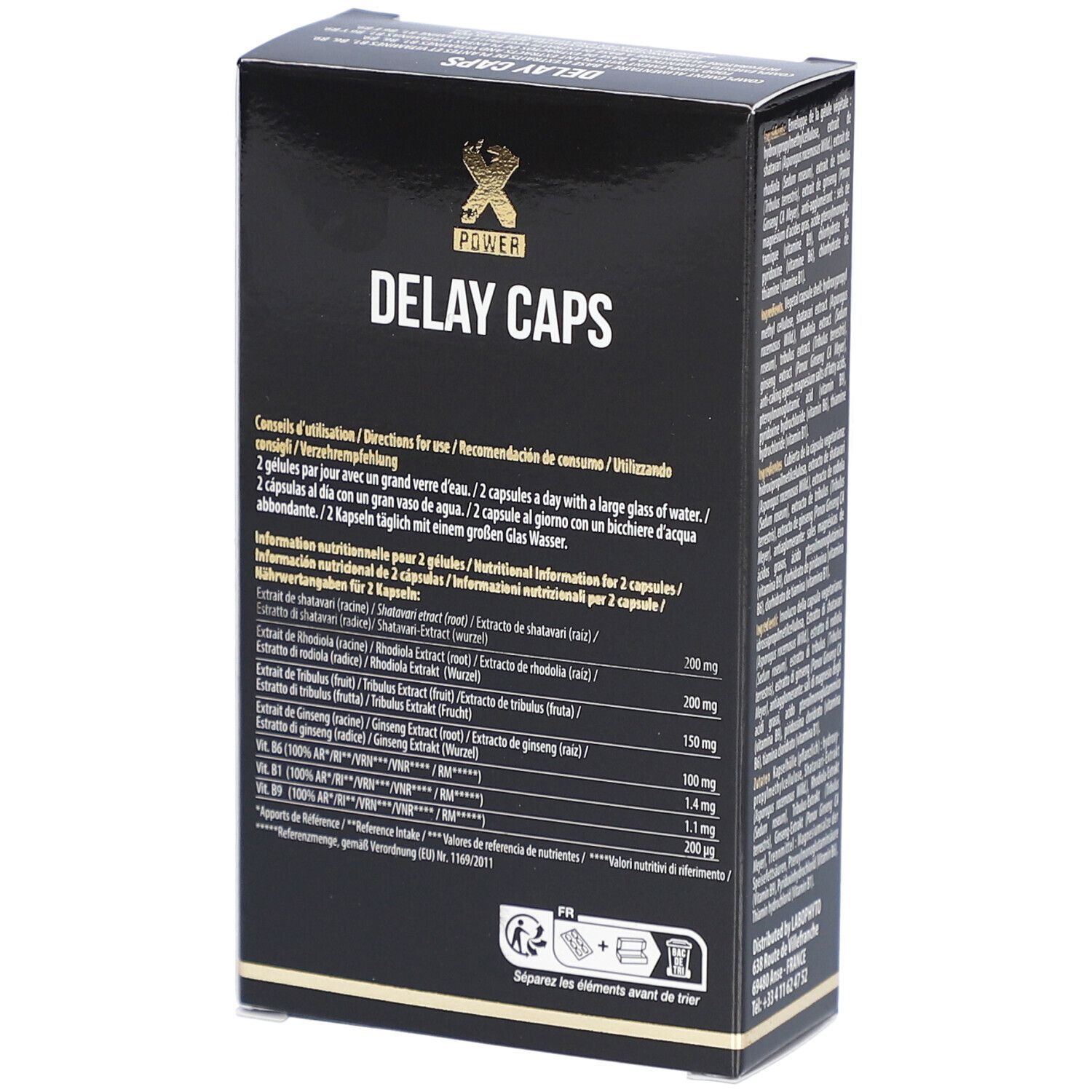 Boîte noire avec "X POWER DELAY CAPS". Dos avec instructions et informations nutritionnelles. Texte multilingue.