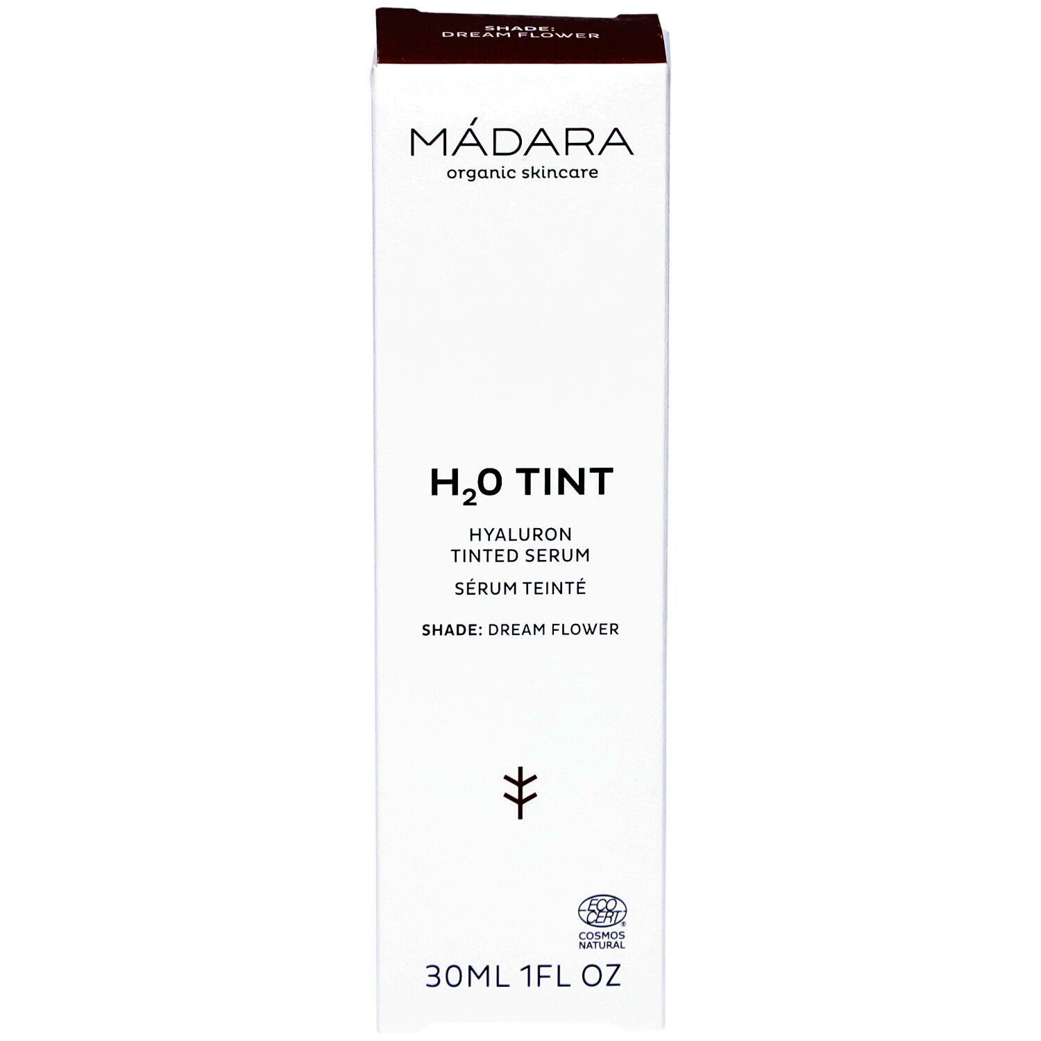 Emballage blanc avec nom et détails du produit. H2O Tint Sérum teinté à l'acide hyaluronique. Teinte Dream Flower. 30ml. Certification.