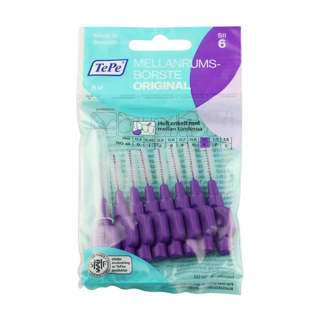 Paquet de 8 brossettes interdentaires violettes TePe. Inscription: Mellanrumsborste Original. Taille: 1.10 mm.