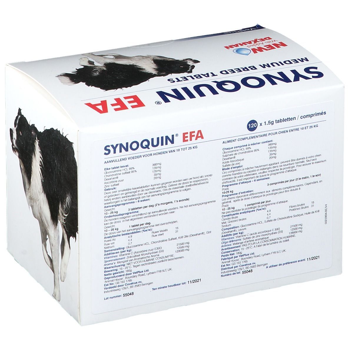 Boîte blanche avec nom du produit et images de chiens. Inscription : Synoquin EFA Medium Breed Tablets.