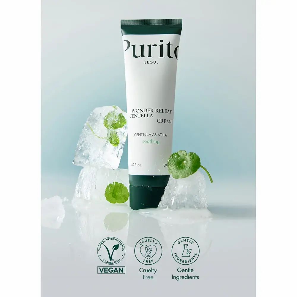 Tube de crème avec feuilles vertes et glaçons. Inscription : PURITO, Wonder Releaf Centella Cream.