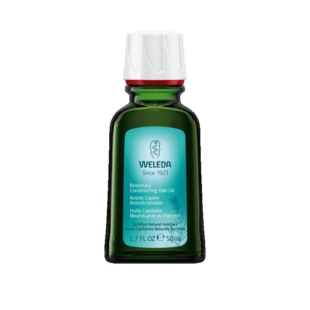 Flacon en verre vert avec bouchon blanc. Inscriptions: WELEDA, Rosemary Conditioning Hair Oil, 1.7 FL OZ (50ml).