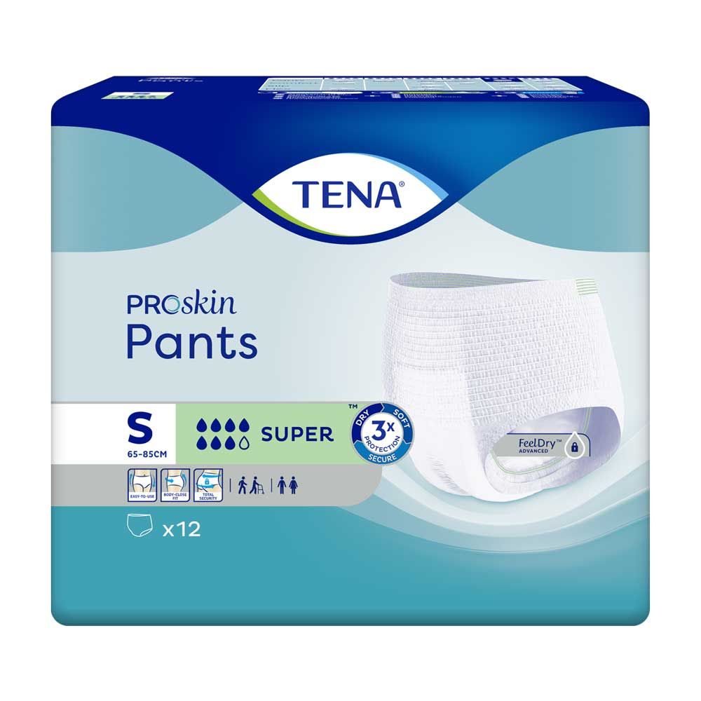 Paquet de TENA ProSkin Pants Super S. Taille S, 12 unités. Nom du produit et logo en haut. Indicateurs d'humidité et informations de taille.