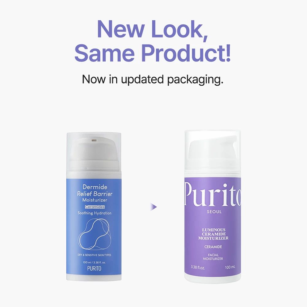 Comparaison de deux distributeurs de crème. À gauche : Dermide Relief Barrier Moisturizer. À droite : Purito Seoul Luminous Ceramide Moisturizer. Nouvel emballage.