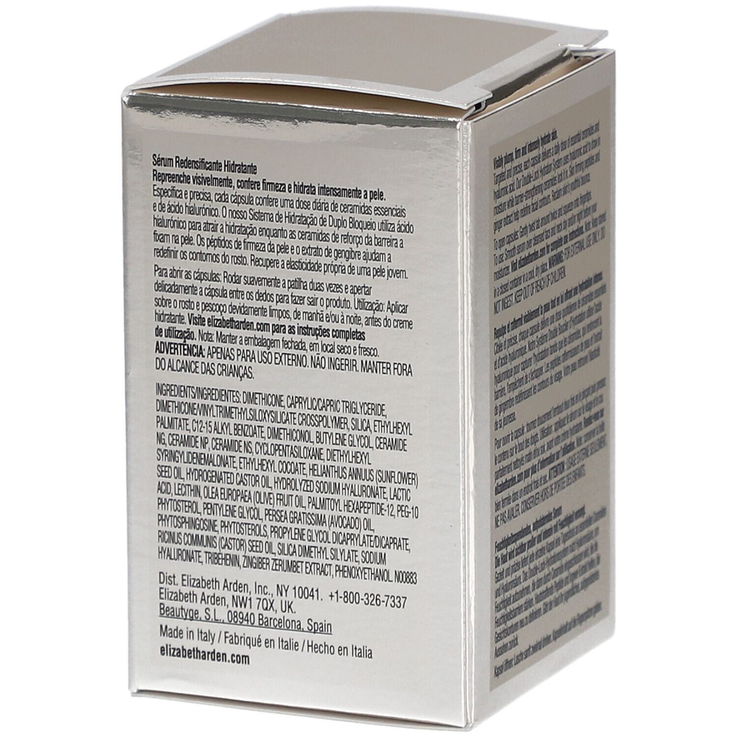 Boîte argentée avec texte. Elizabeth Arden, capsules de céramides à l'acide hyaluronique. 0,47 FL.OZ. 14 ml.