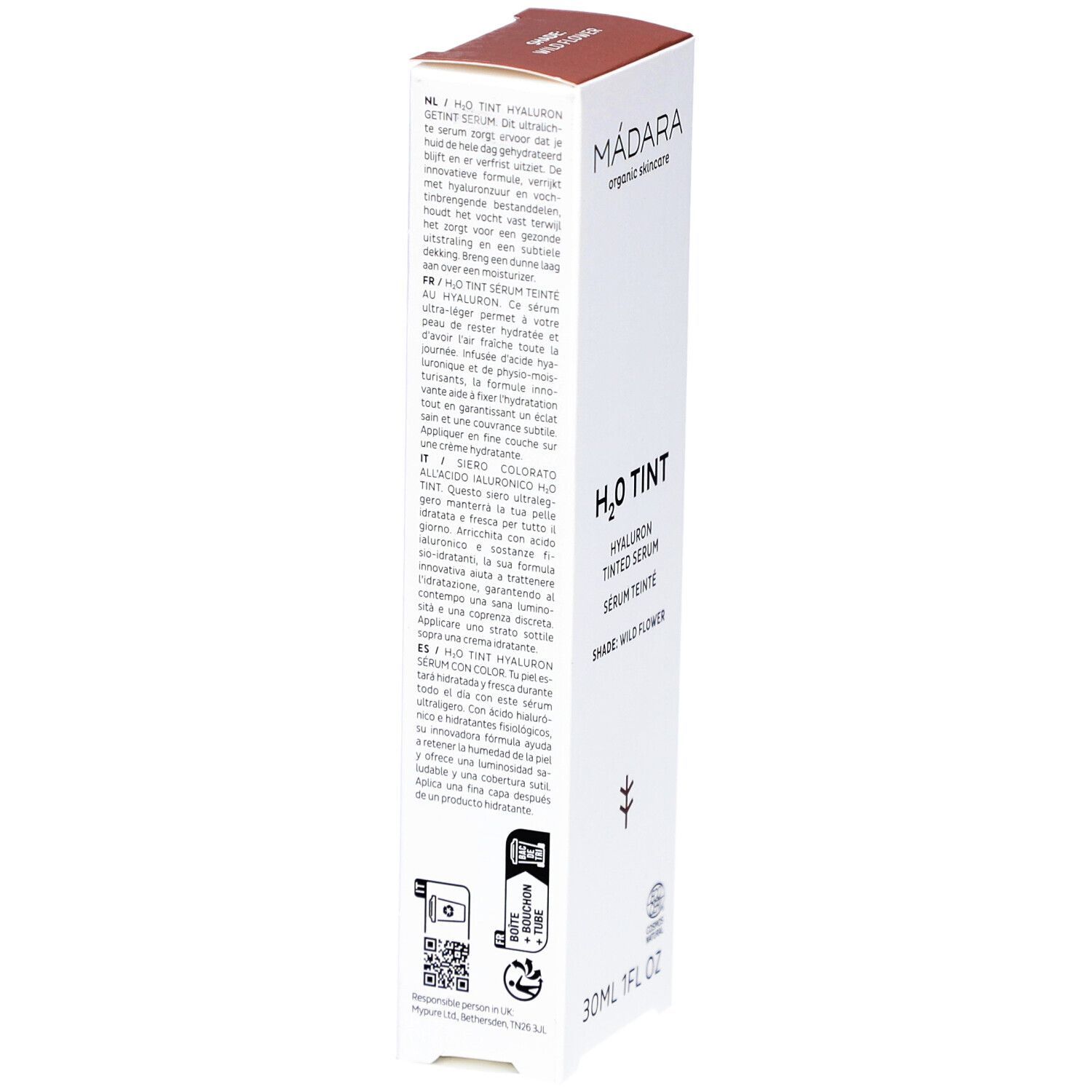 Emballage avec texte multilingue. Inscription : MÁDARA, H2O TINT, Hyaluron Tinted Serum, Shade: Wild Flower. 30ml.