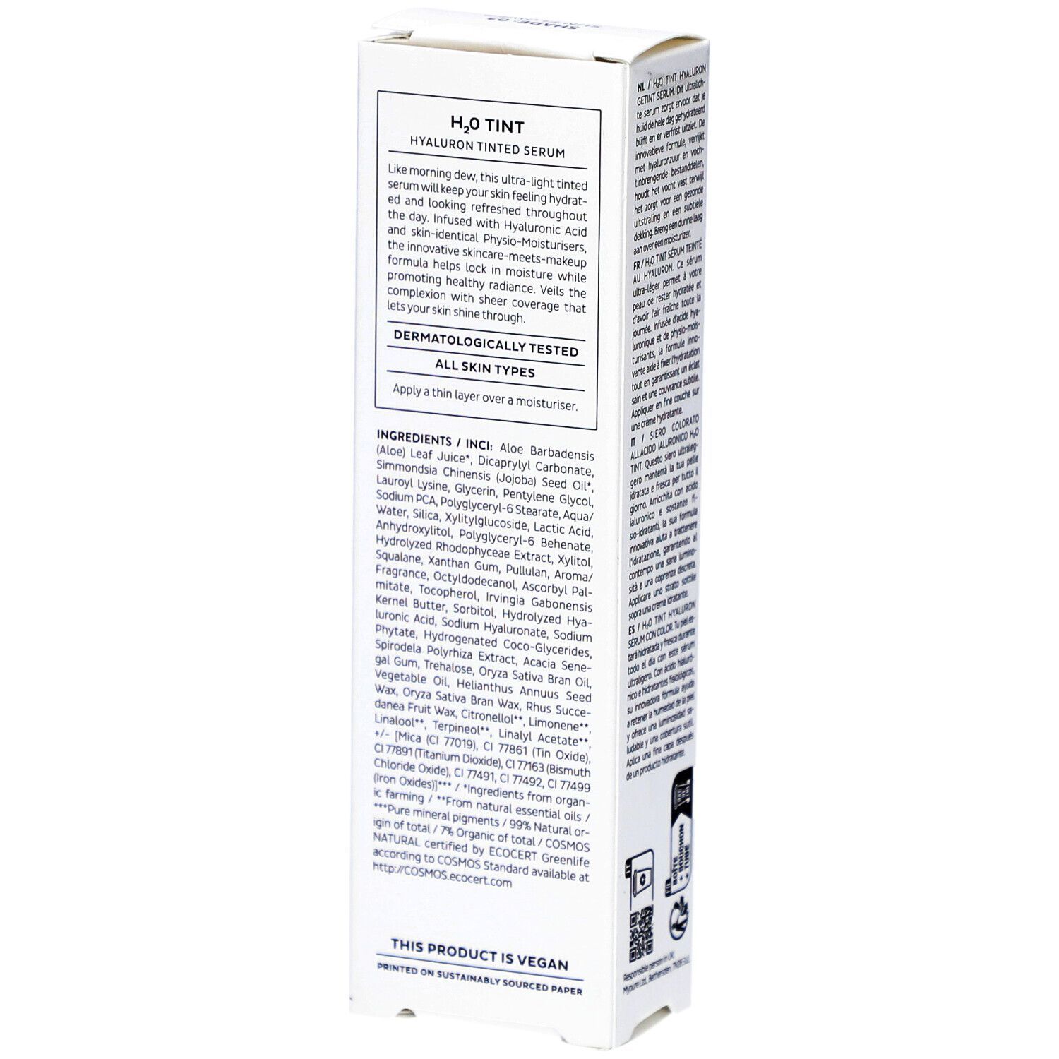 Emballage blanc avec texte. Dos avec informations produit en plusieurs langues. En bas: 30ml 1FL OZ. Avec certifications.