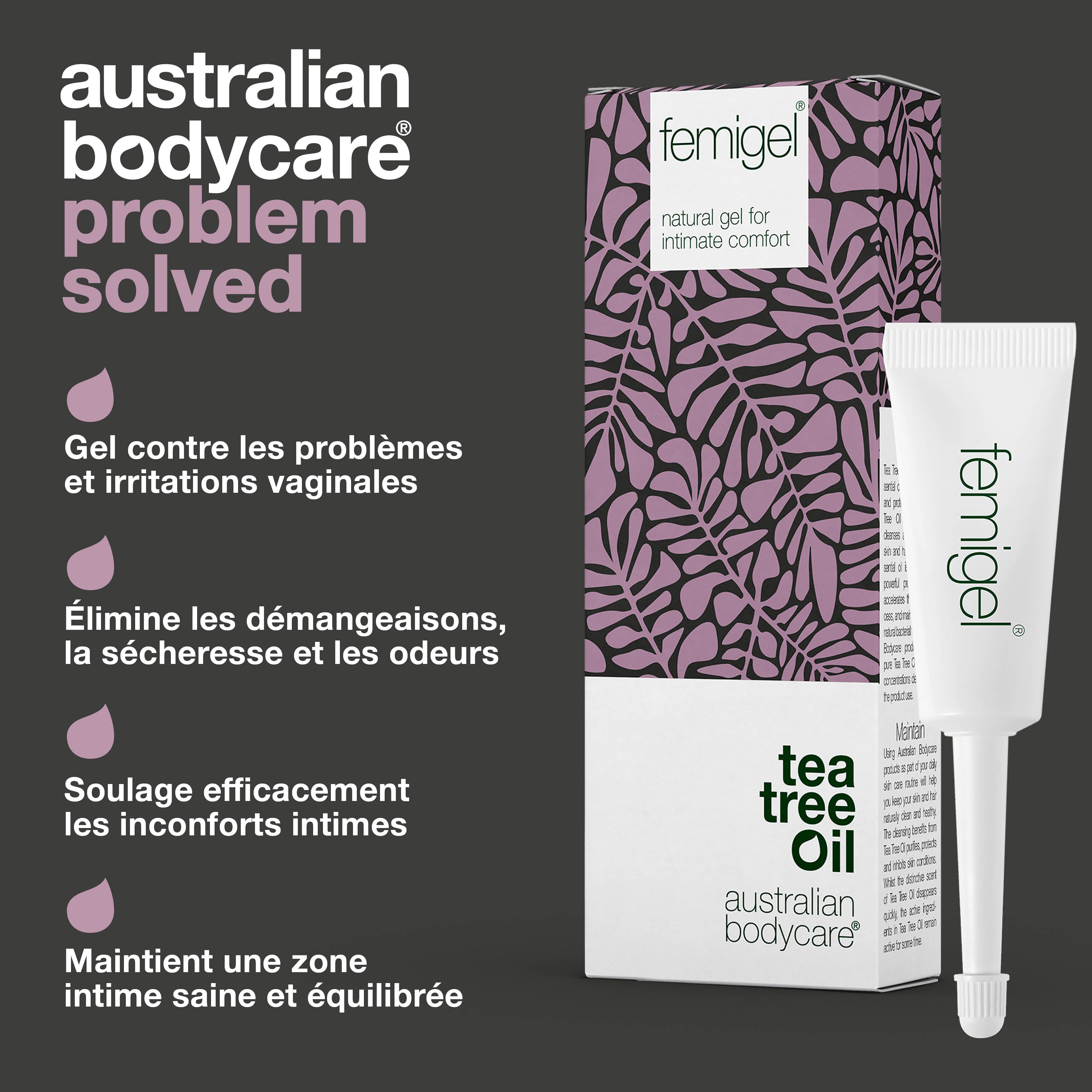 Boîte et tube Femigel. Gel contre les problèmes vaginaux. Élimine démangeaisons, sécheresse et odeurs. Zone saine.