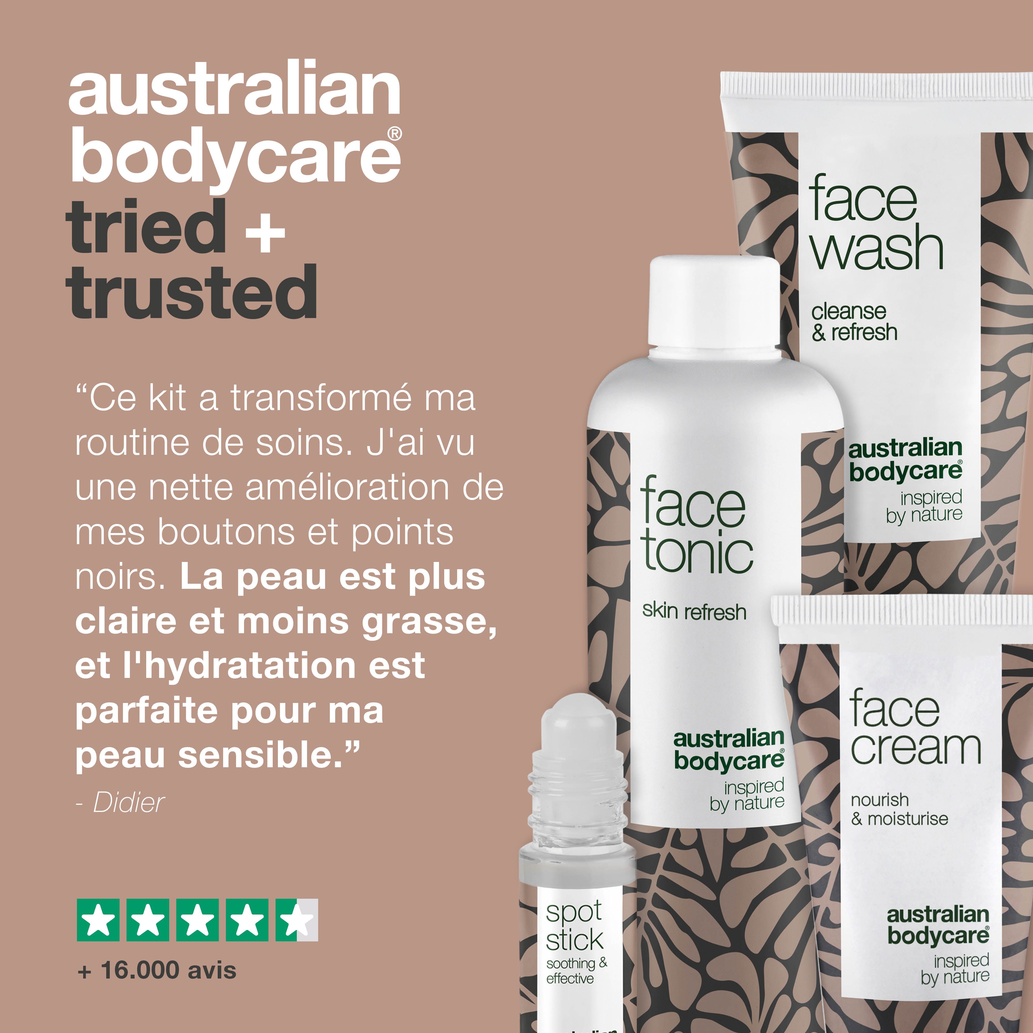 Coffret de soins du visage avec 4 produits. Texte : J'ai vu une nette amélioration de mes boutons et points noirs.