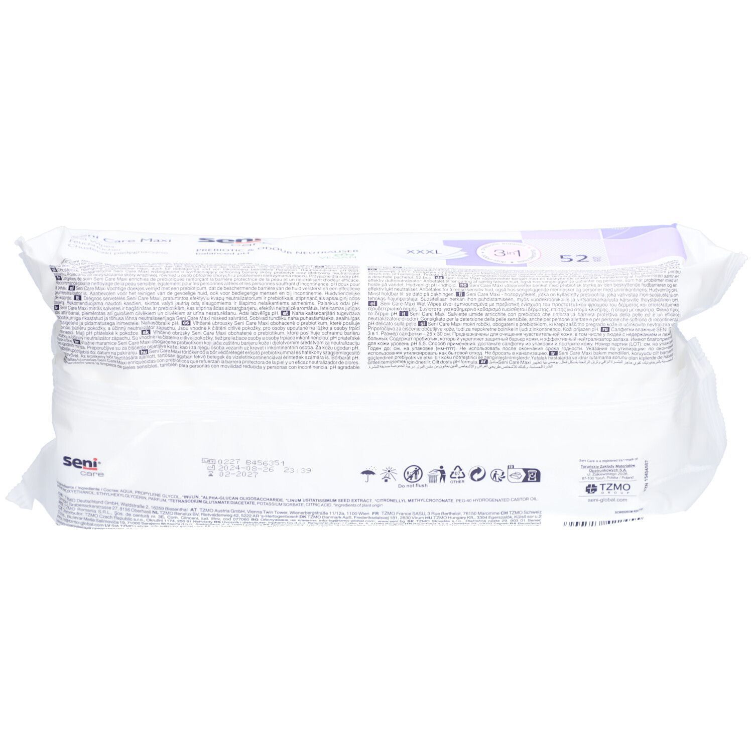 Paquet de lingettes Seni Care. 52 pièces. Emballage blanc avec texte et accents violets. Logo TZMO.