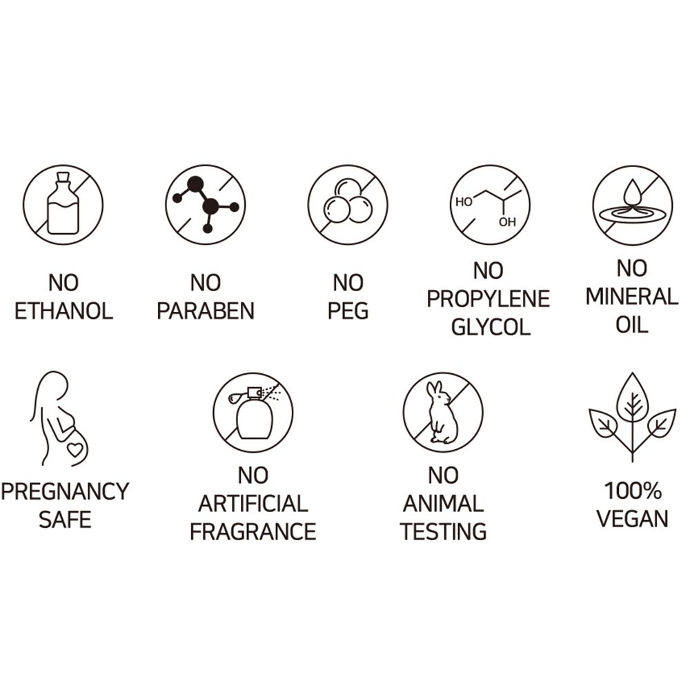 Icônes: Sans ingrédients tels que éthanol, parabènes, PEG, propylène glycol, huile minérale, parfum artificiel. Végétalien, sans tests sur animaux.