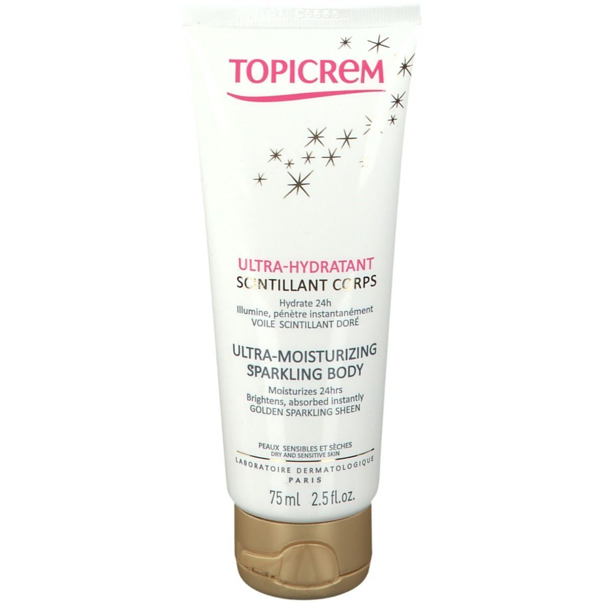 Tube blanche avec texte rose et noir. Bouchon doré. Inscription: TOPICREM, ULTRA-HYDRATANT SCINTILLANT CORPS, 75 ml.