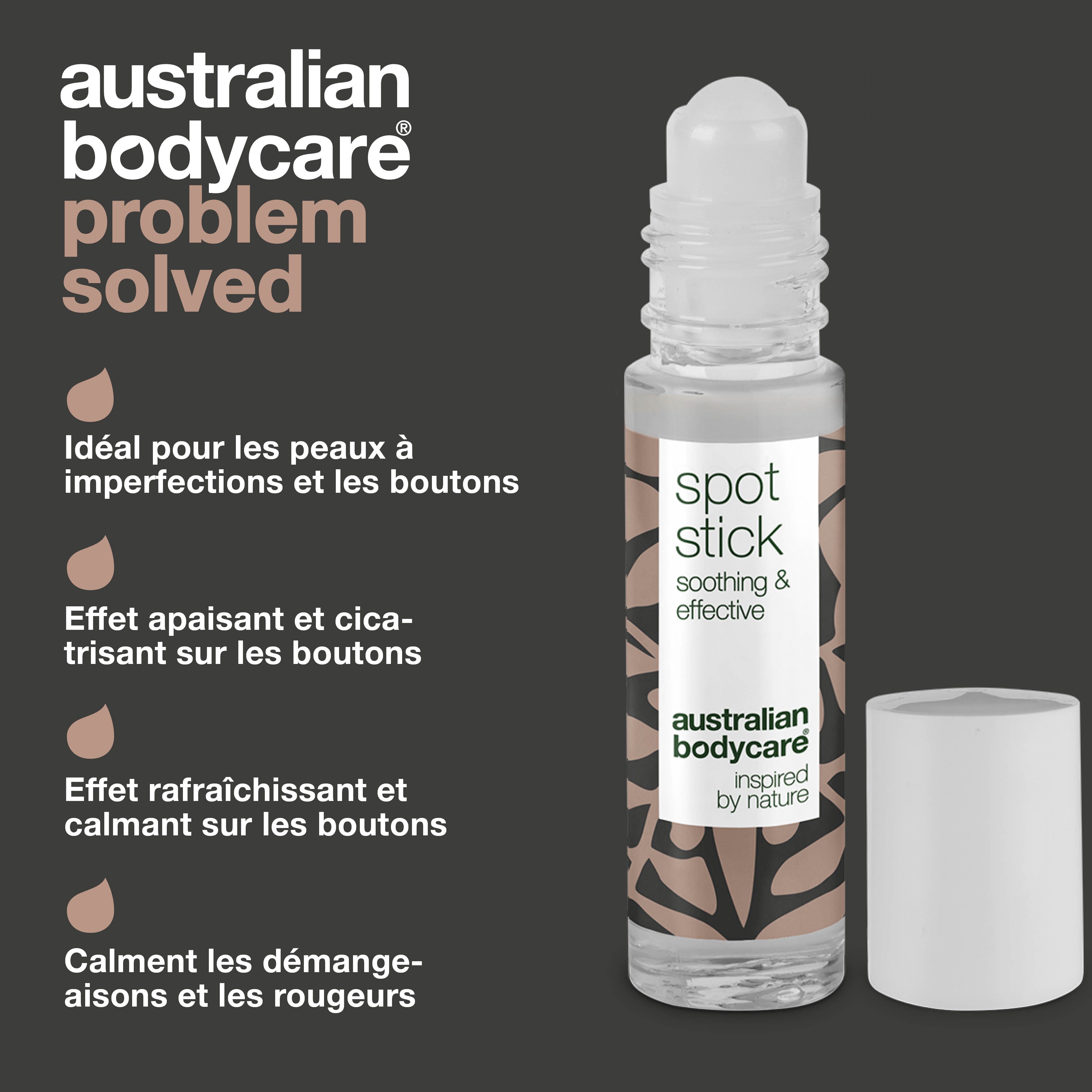 Spot Stick avec bouchon blanc. Inscription: Spot Stick, soothing & effective, Australian Bodycare.