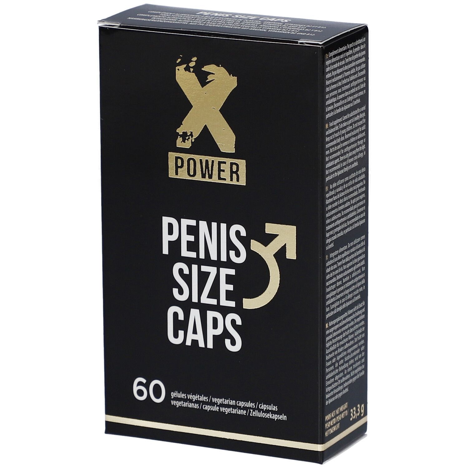 Boîte noire avec logo "X POWER" et texte "PENIS SIZE CAPS". Contient 60 gélules.