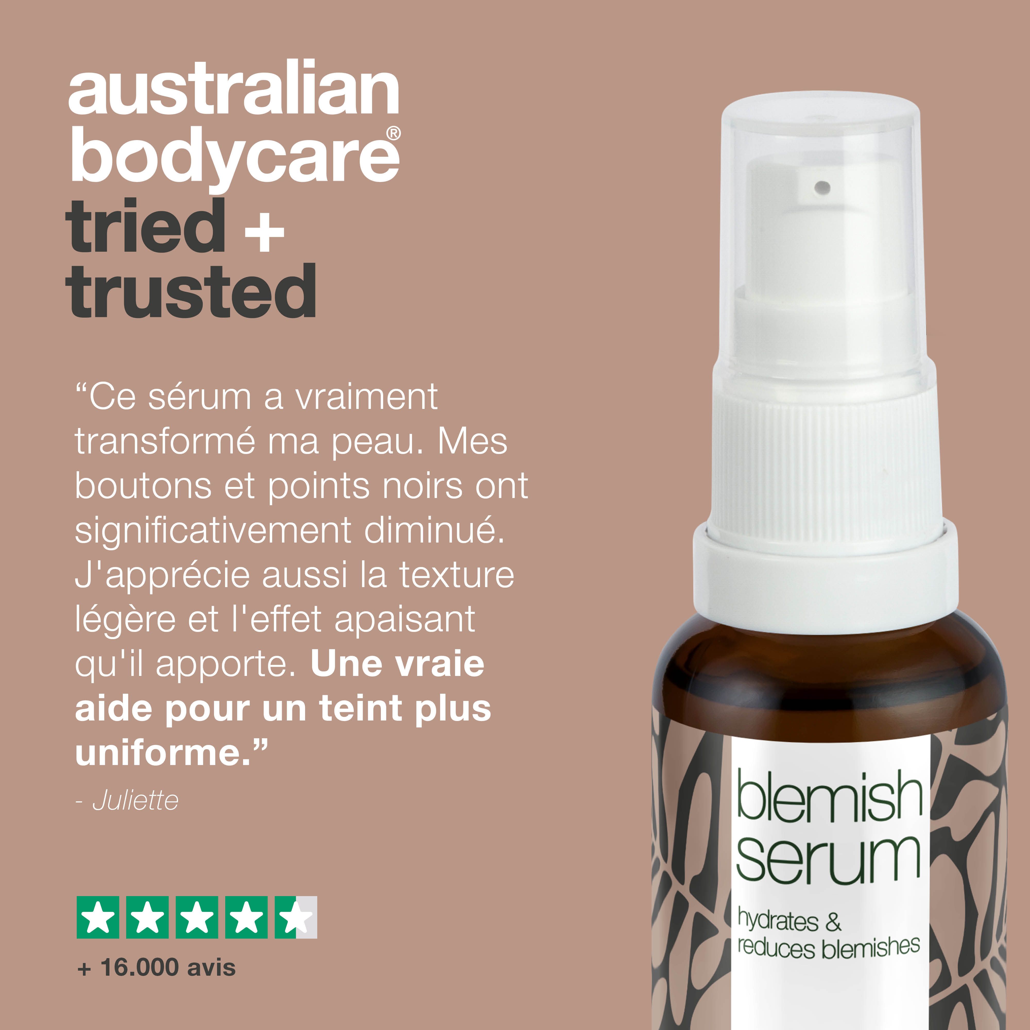 Image avec texte et flacon : Blemish Serum. Texte : Ce sérum a transformé ma peau.