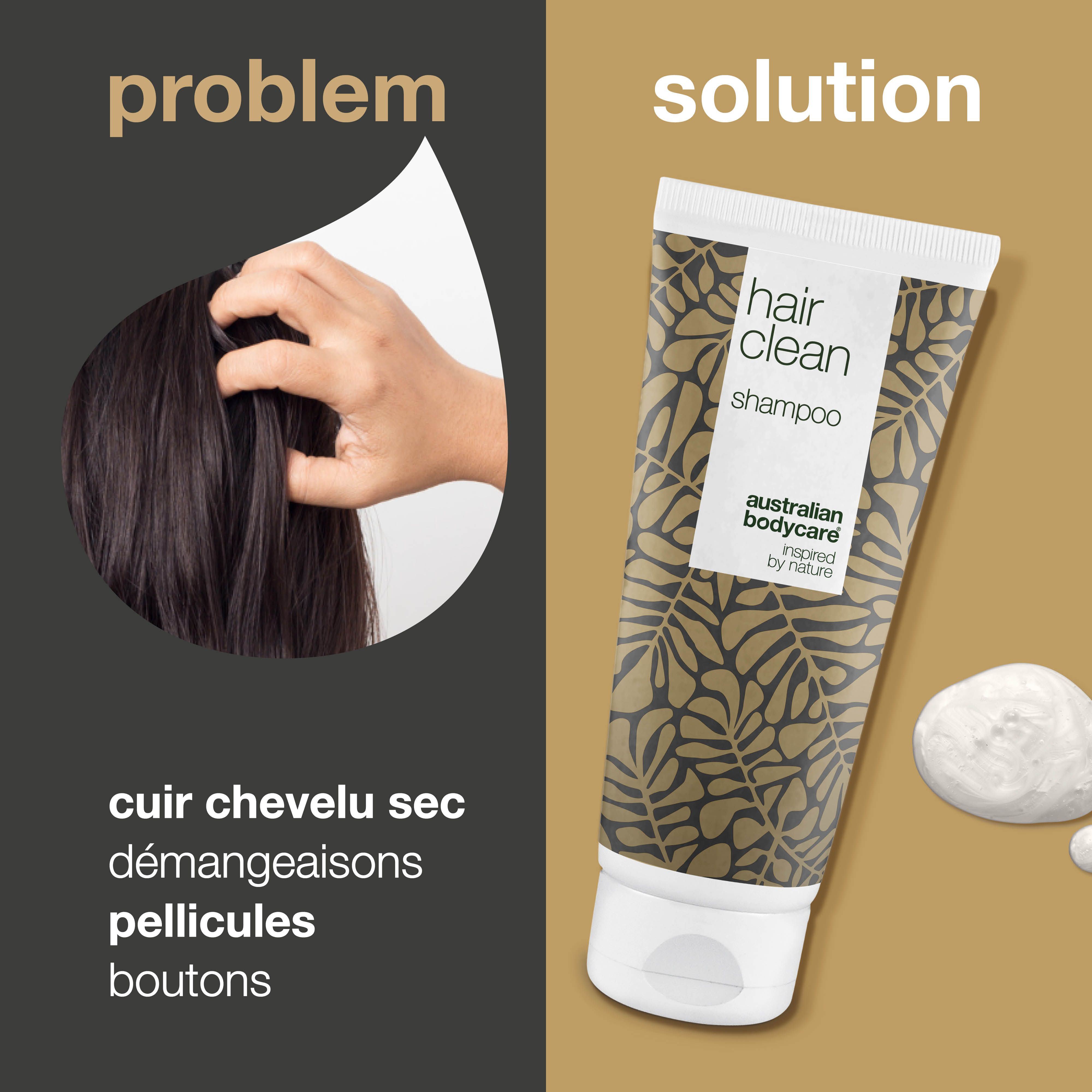 Comparaison : problème (cheveux) et solution (tube de shampooing). Texte : cuir chevelu sec, démangeaisons, pellicules, boutons.