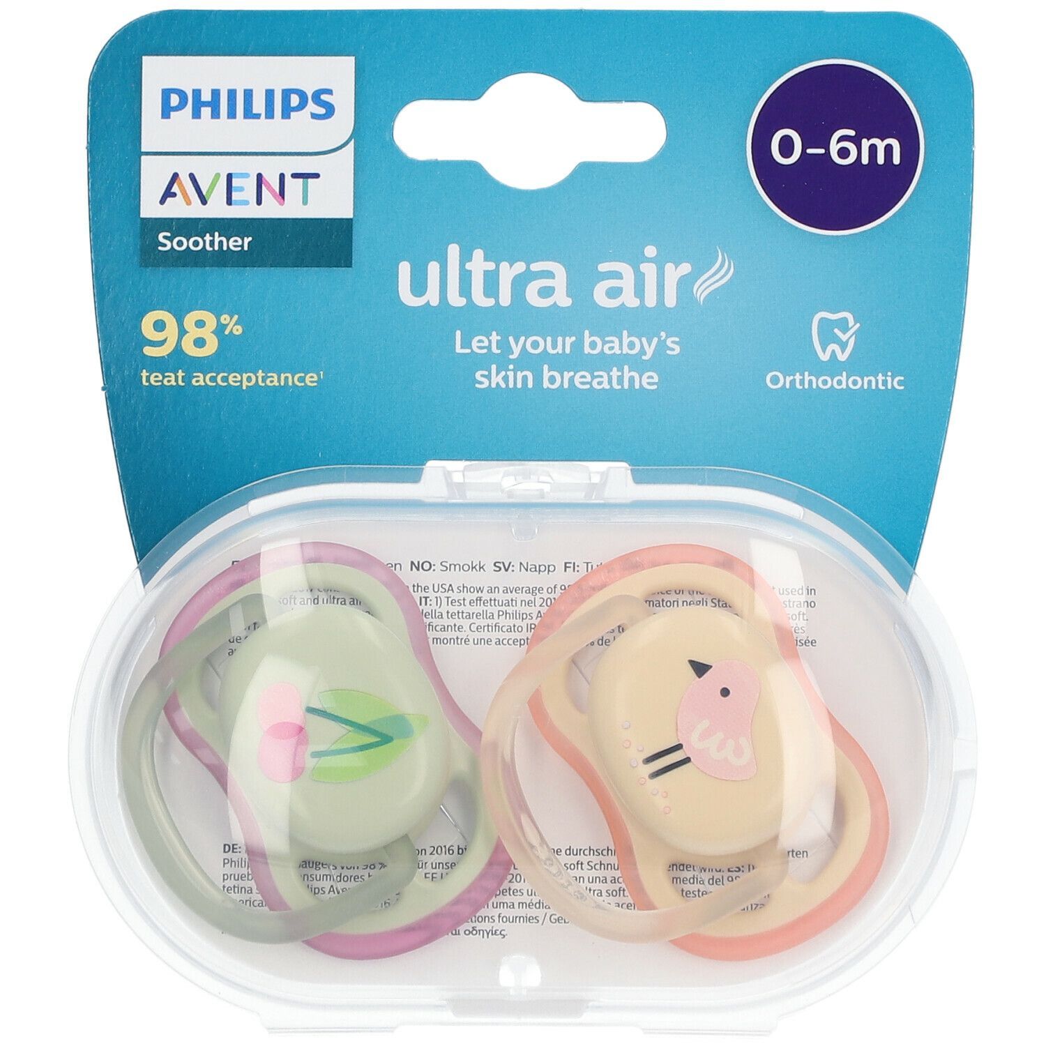 Deux sucettes dans une boîte transparente. Inscription: PHILIPS AVENT, Ultra Air, 0-6 mois. Orthodontique.