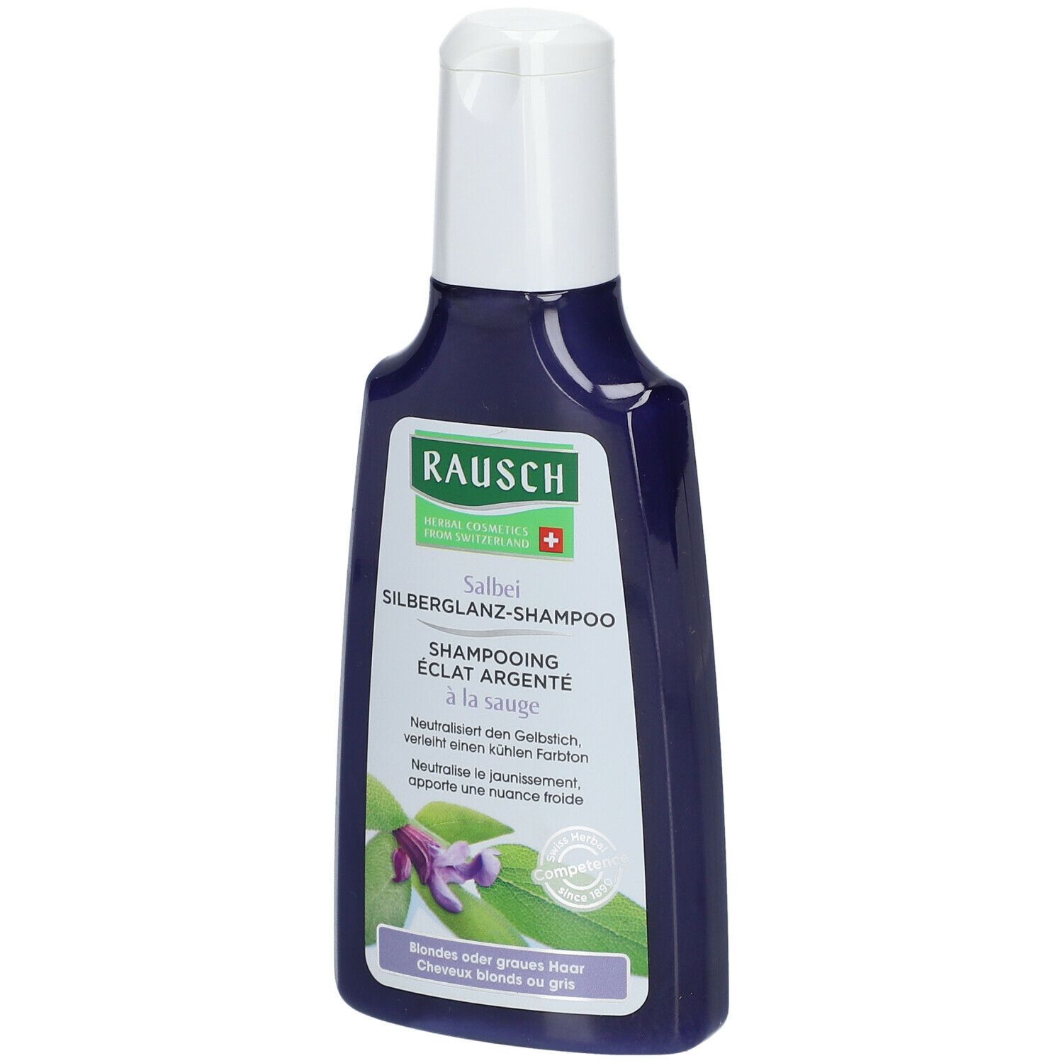 Flacon de shampooing RAUSCH Salbei Silberglanz. Flacon violet avec bouchon blanc. Étiquette avec logo, nom du produit et ingrédients.