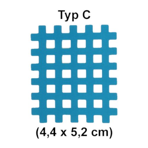 Patch bleu en forme de grille, type C. Dimensions : 4,4 x 5,2 cm. Texte : Type C.