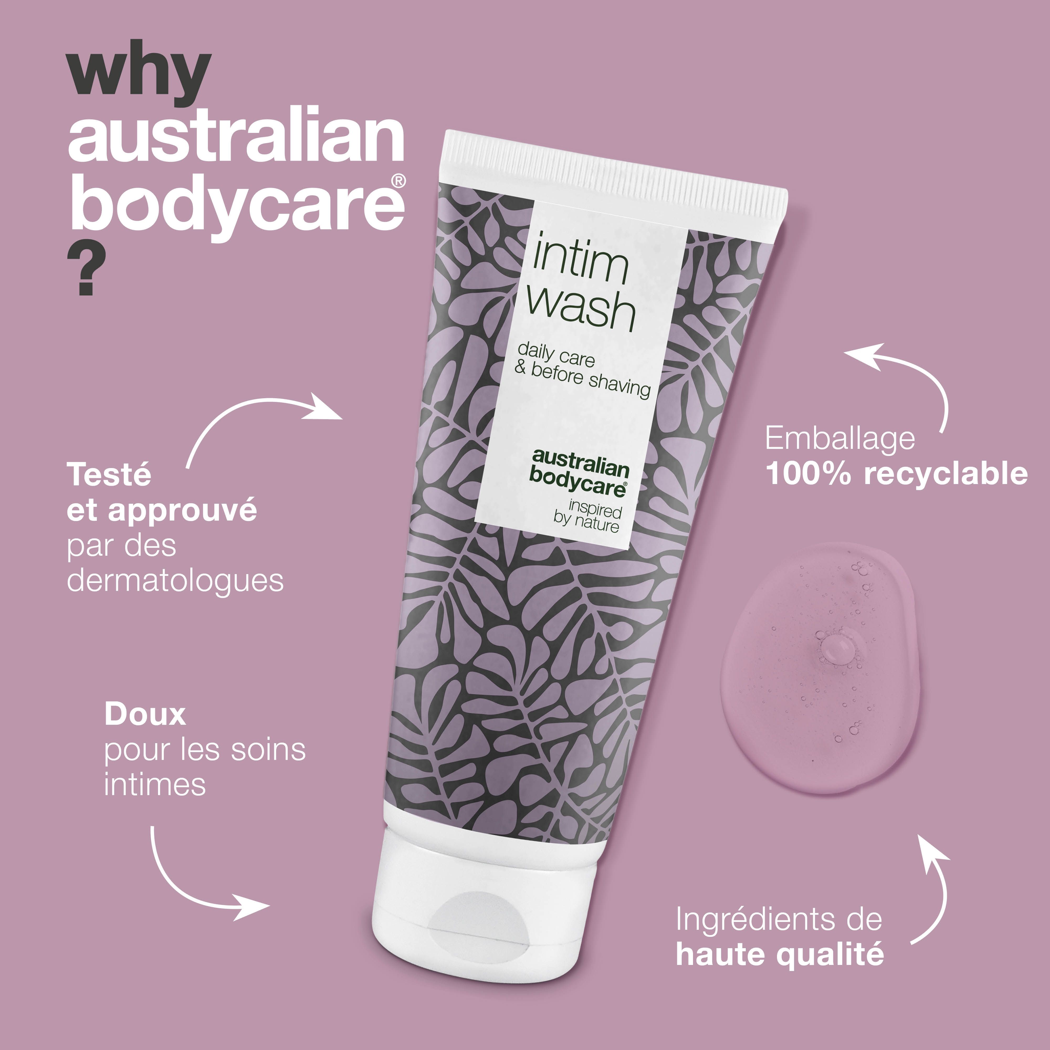 Tube Intim Wash, motif violet, texte: Intim Wash, Australian Bodycare. Pourquoi Australian Bodycare?