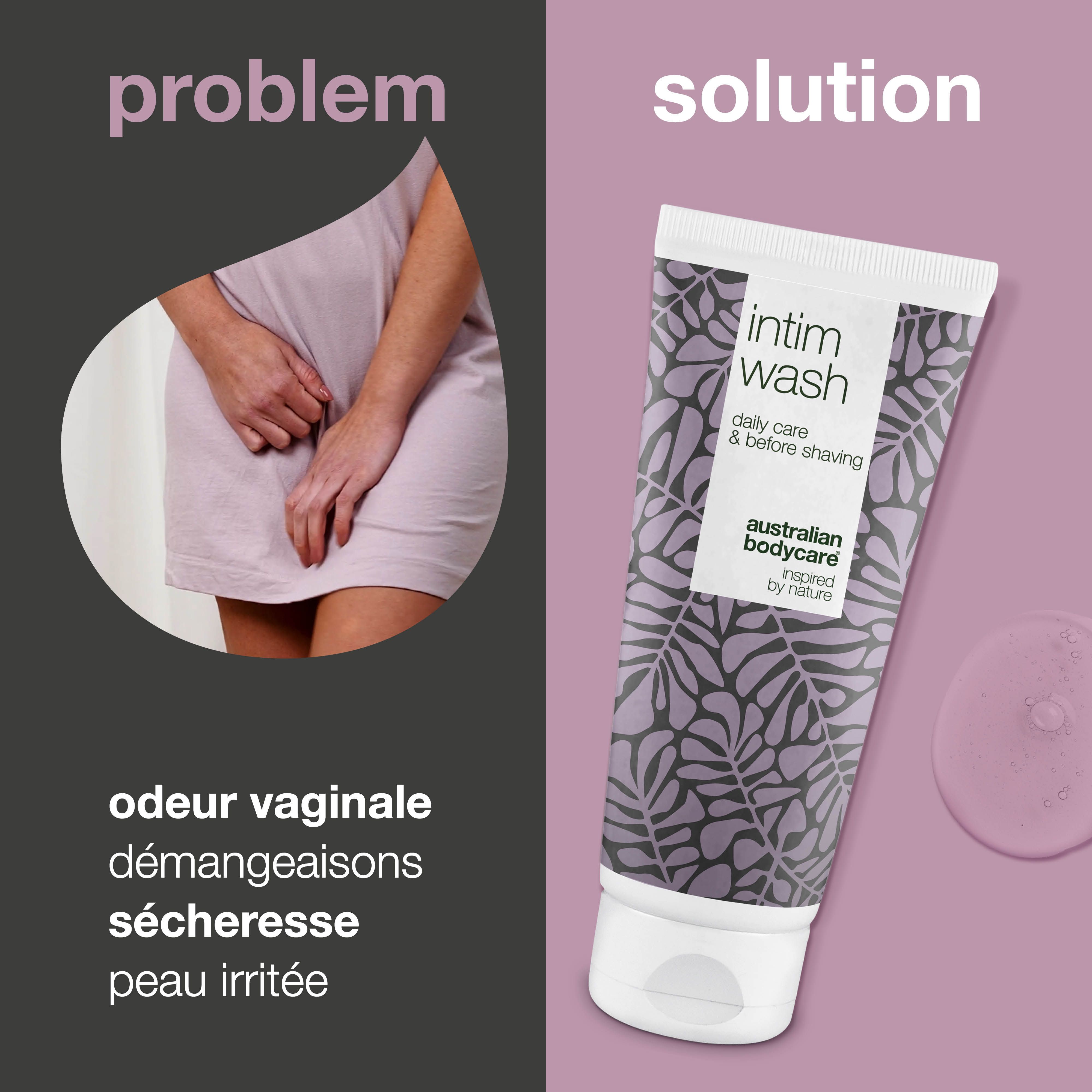 Tube Intim Wash, motif violet, texte: Intim Wash, Australian Bodycare. Problème/solution.