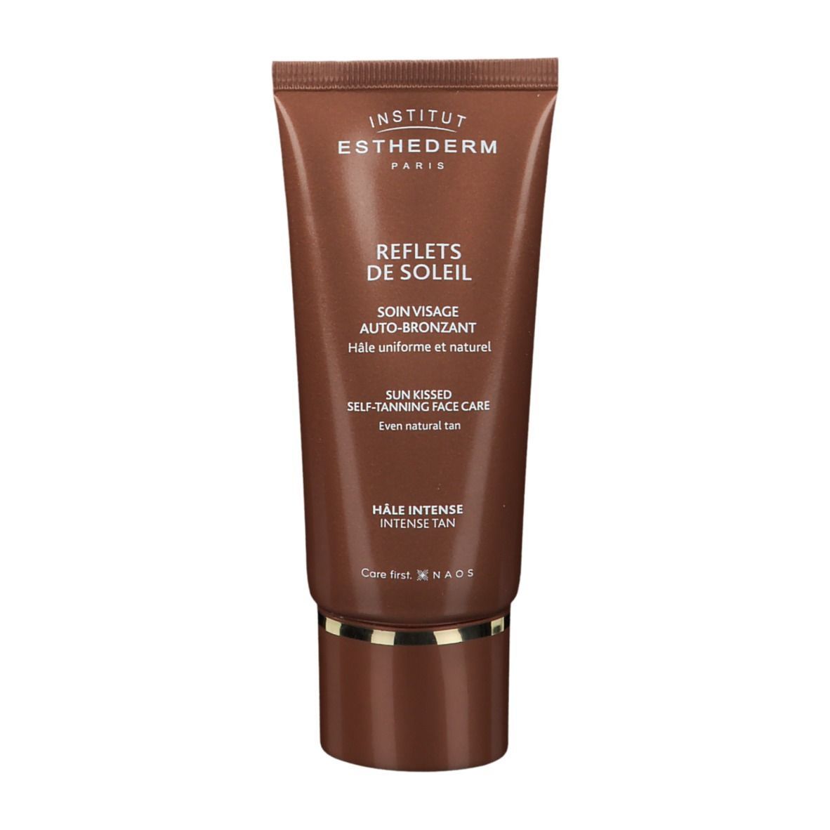Tube marron avec texte INSTITUT ESTHEDERM PARIS. REFLETS DE SOLEIL, SOIN VISAGE AUTO-BRONZANT. HALE INTENSE. Crème.