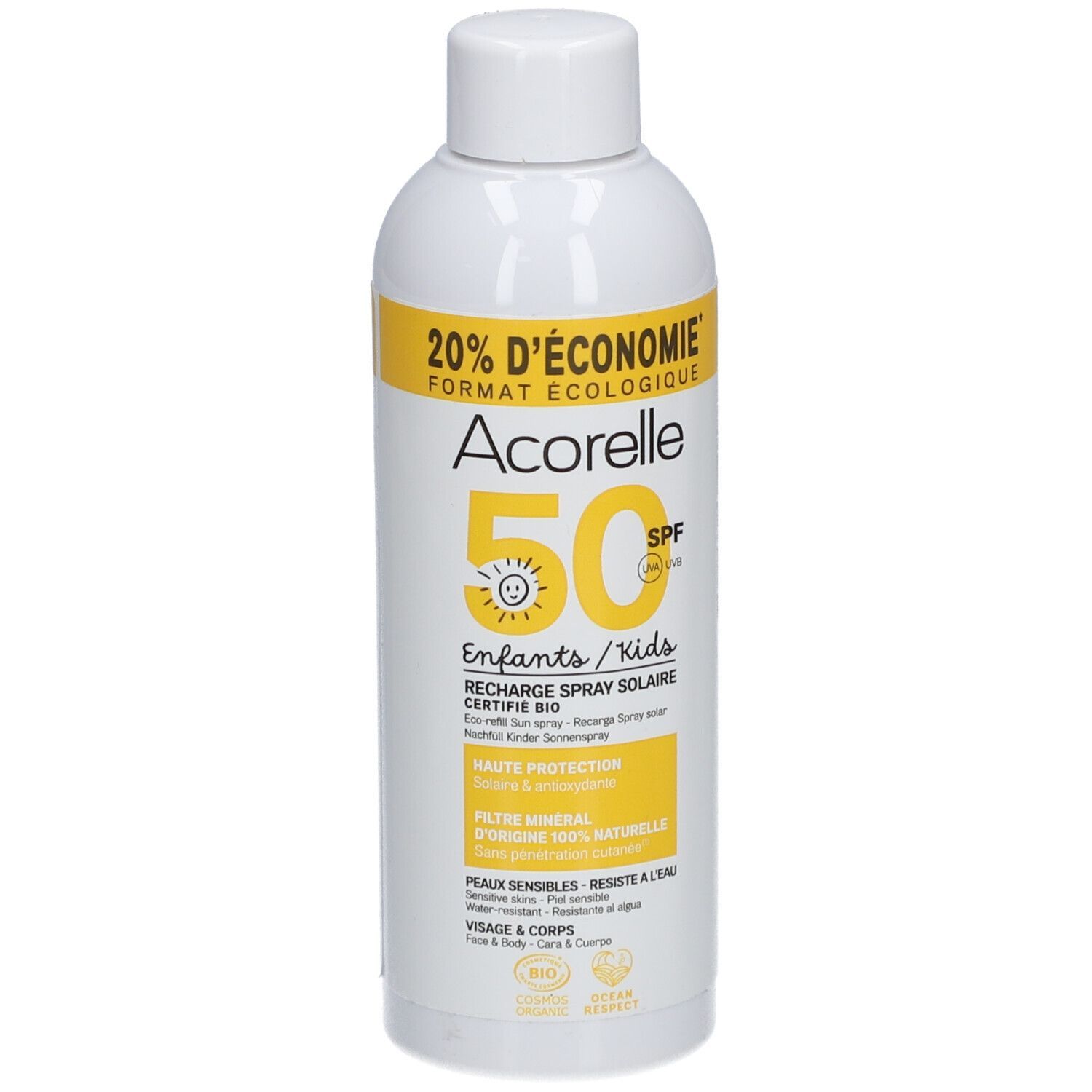 Acorelle Nature Sun Spray Solaire IP50 Enfants Peaux Sensibles Bio Flacon-Pompe recharge
