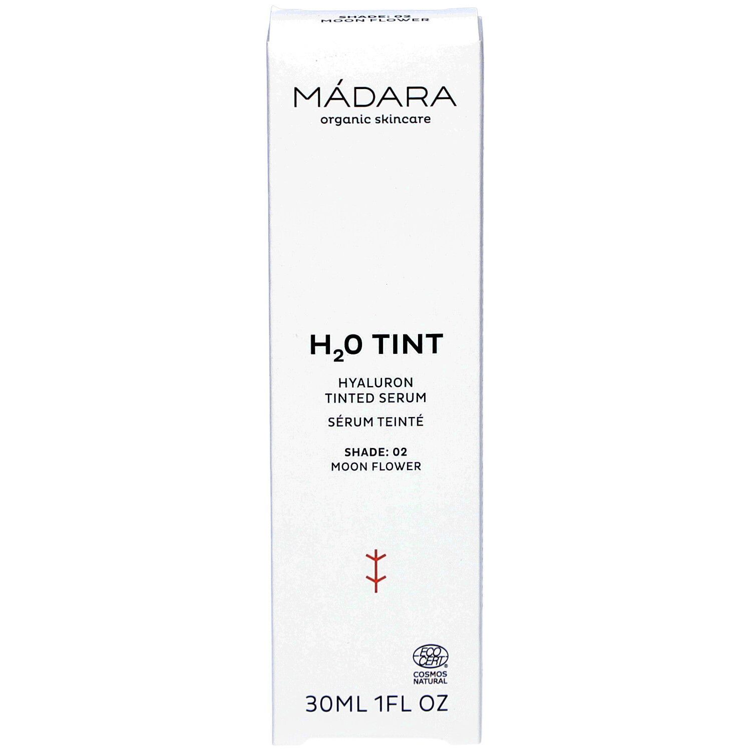 Emballage blanc avec nom et marque du produit. H2O TINT Sérum teinté à l'acide hyaluronique. Shade 02 Moon Flower. 30ml 1FL OZ.