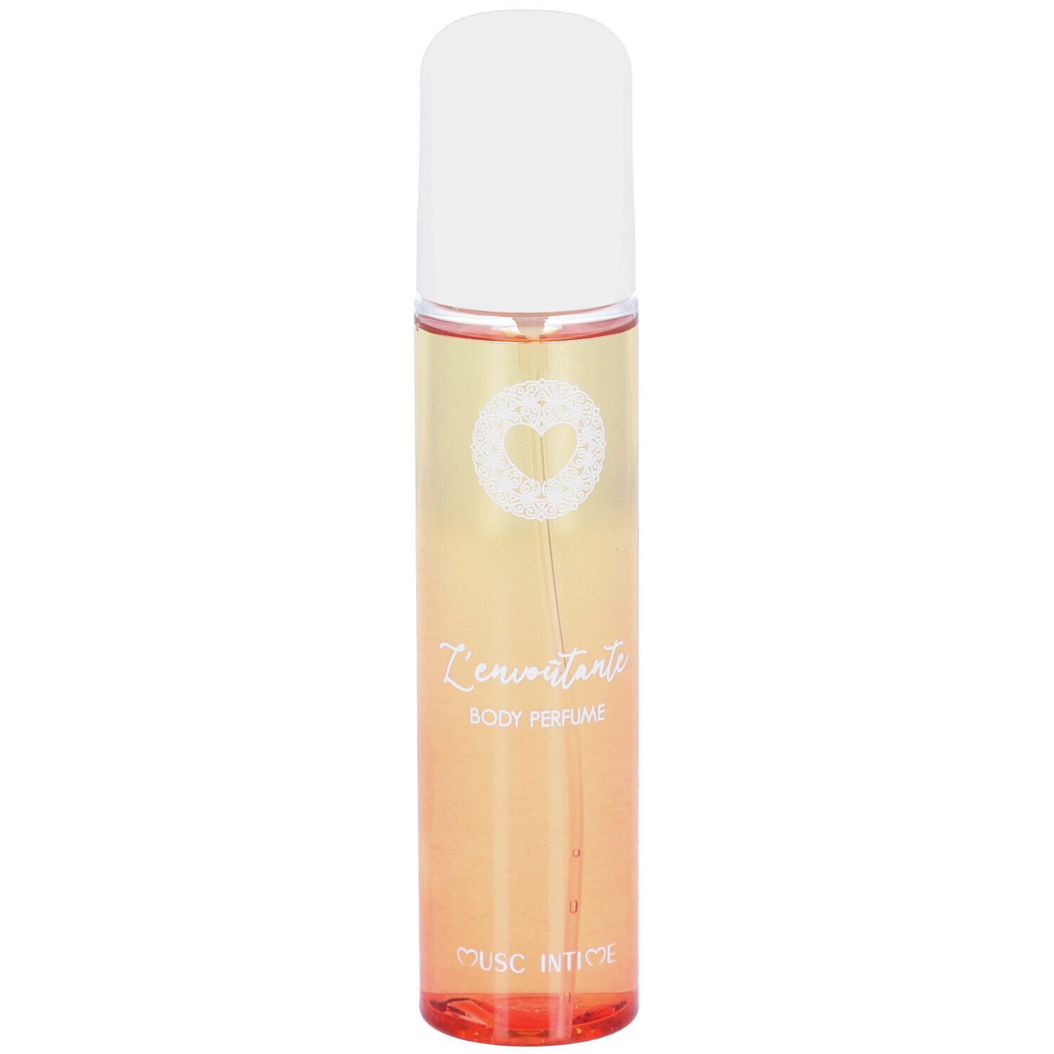 Parfum corporel dans un vaporisateur cylindrique avec bouchon blanc. Dégradé de jaune à orange.