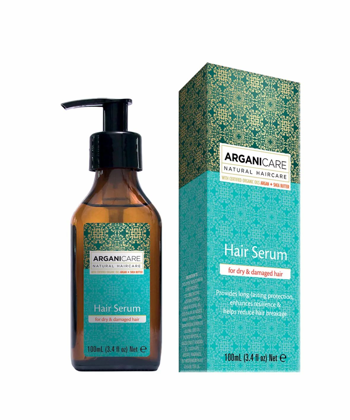 Flacon de sérum capillaire et emballage. Inscription: Arganicare, Hair Serum. Pour cheveux secs et abîmés.