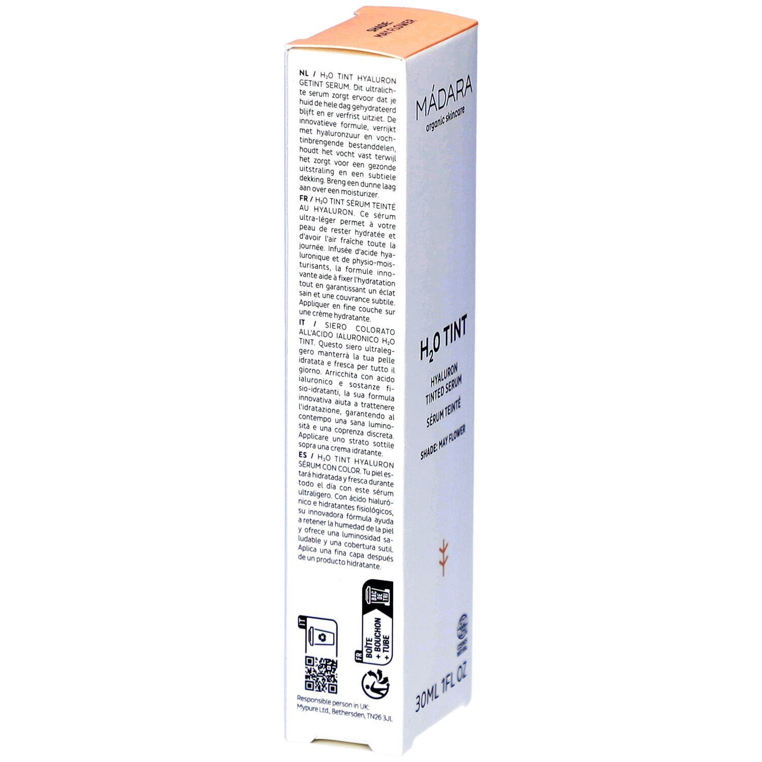 Madara H2O Tint Sérum teinté Hyaluron, May Flower. Emballage avec texte multilingue. 30ml.