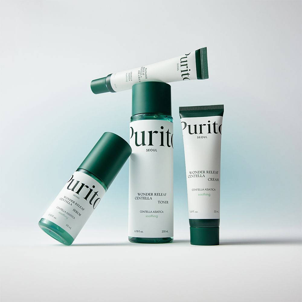 Plusieurs produits de soins de la peau Purito, y compris toner, sérum et crèmes.