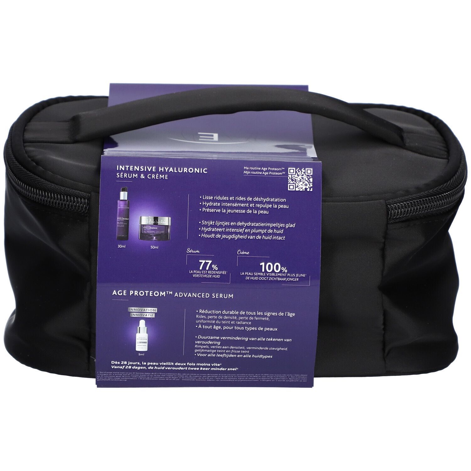 Trousse de toilette noire avec poignée et informations produit. Inscription: Intensive Hyaluronic Serum & Crème. Contient sérum et crème.