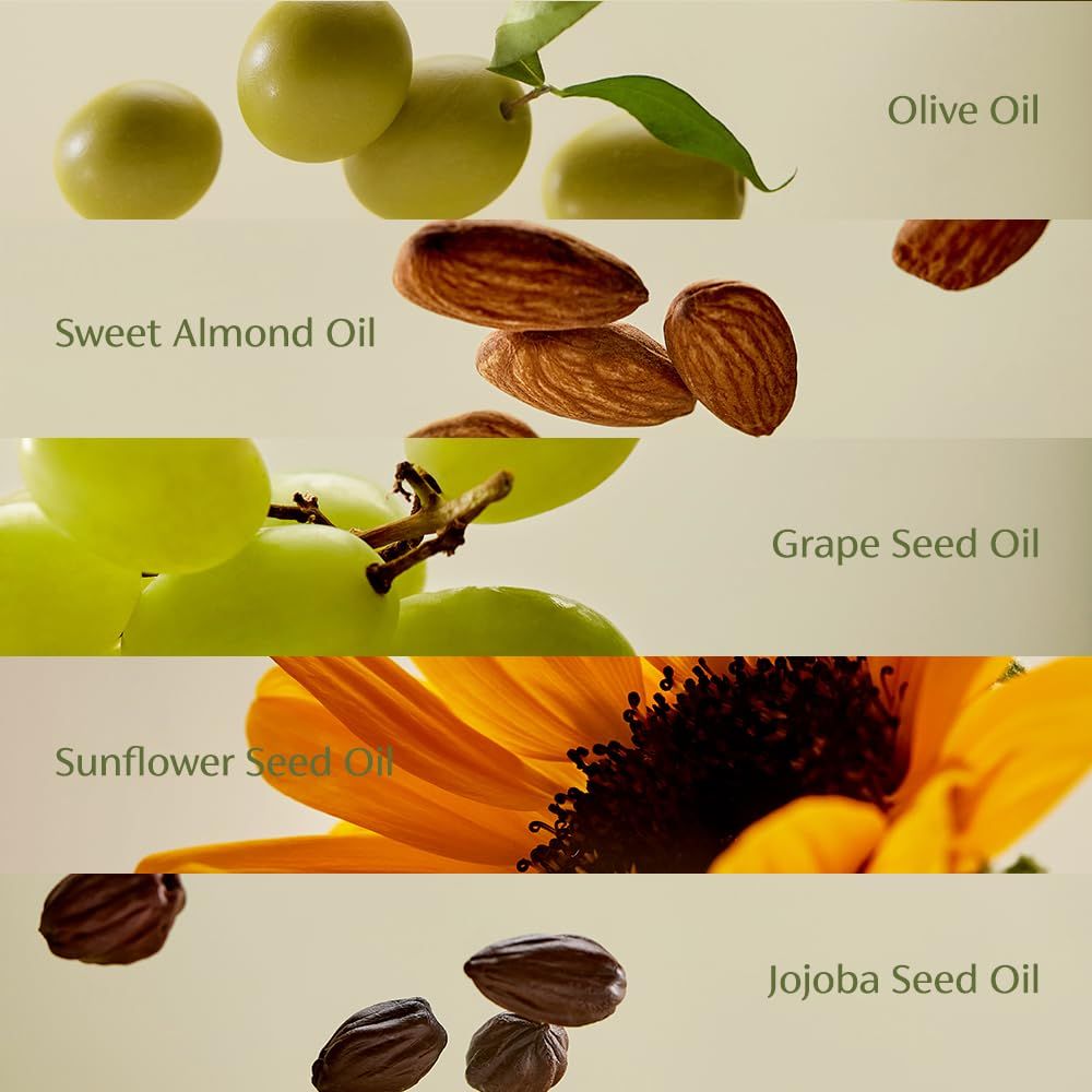 Composition de l'huile nettoyante: olives, amandes, raisins, tournesol, jojoba. Texte: Olive Oil, Sweet Almond Oil, Grape Seed Oil, Sunflower Seed Oil, Jojoba Seed Oil.