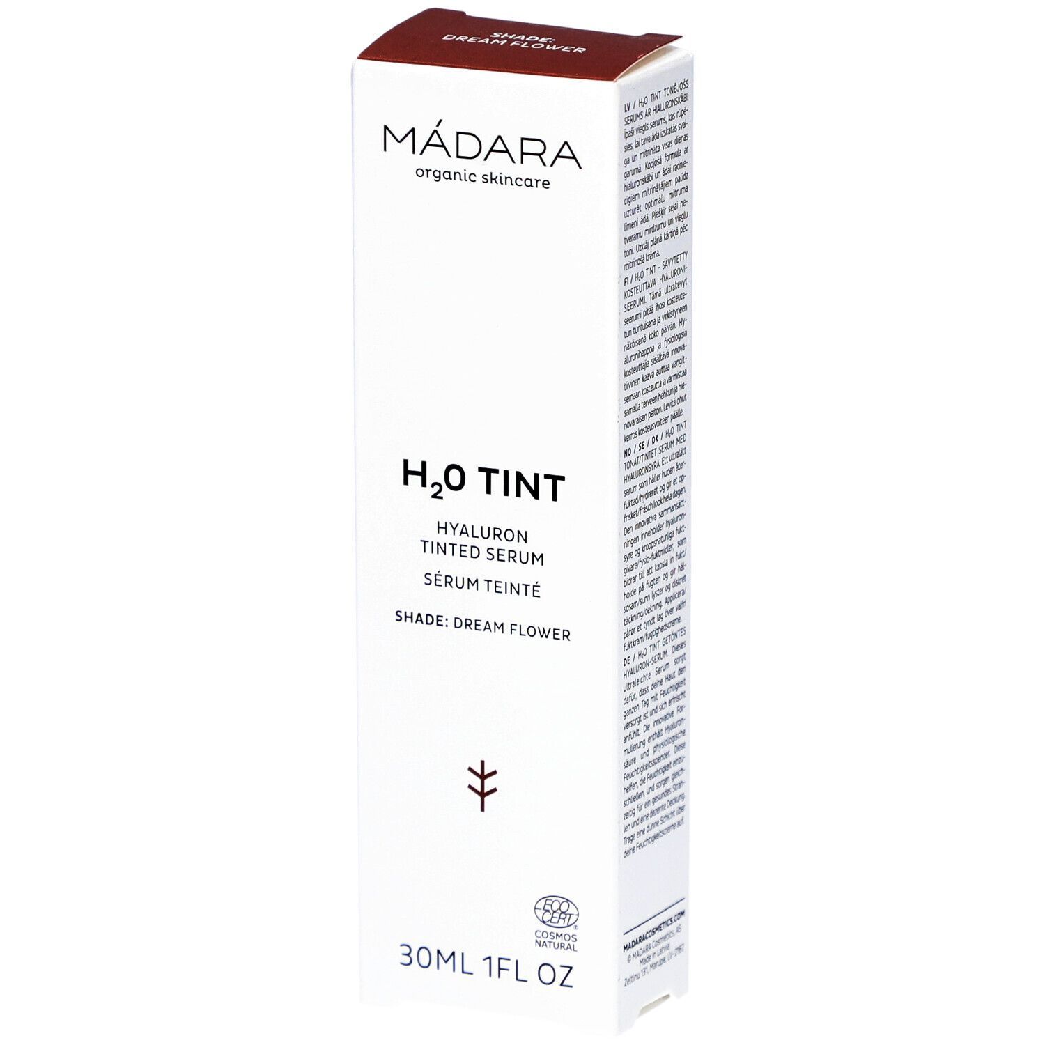 Emballage blanc avec nom et détails du produit. H2O Tint Sérum teinté à l'acide hyaluronique. Teinte Dream Flower. 30ml. Certification.