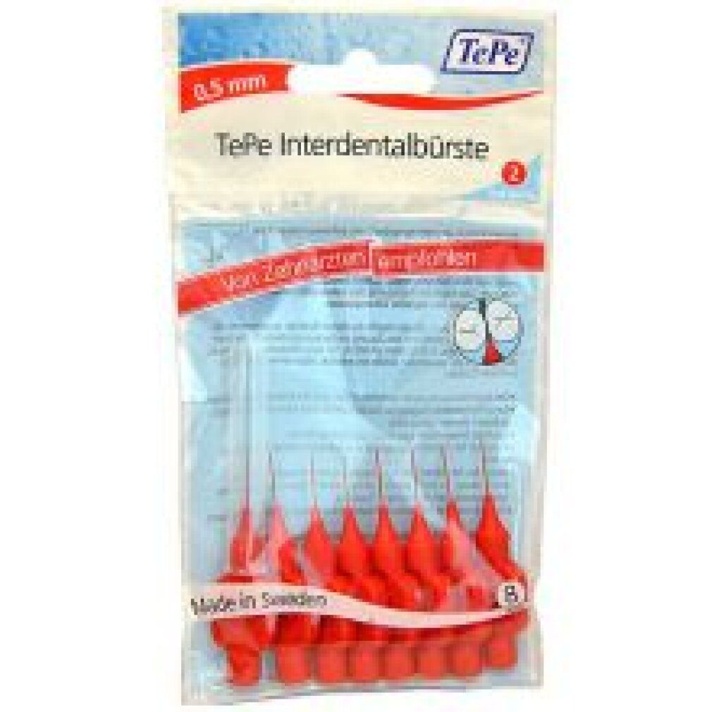 Paquet de brossettes interdentaires rouges TePe, 0,5 mm. 8 pièces. Recommandé par les dentistes. Fabriqué en Suède.