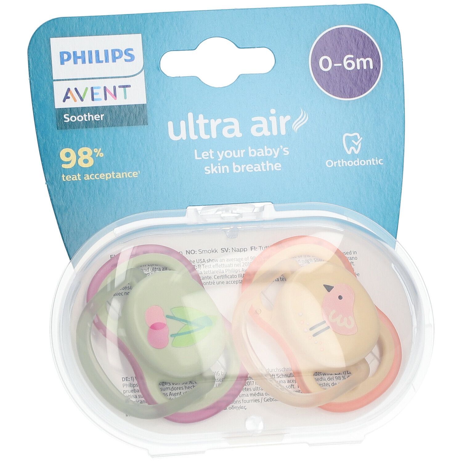 Deux sucettes dans une boîte transparente. Inscription: PHILIPS AVENT, Ultra Air, 0-6 mois. Orthodontique.