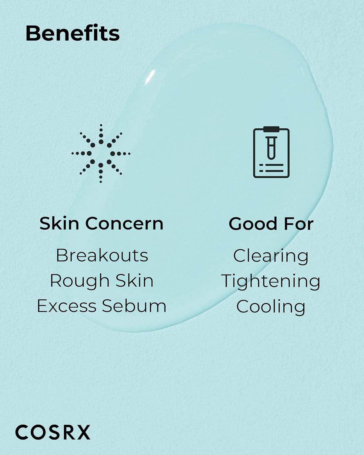 Logo COSRX avec icônes pour problèmes de peau : éruptions, peau rugueuse, excès de sébum.
