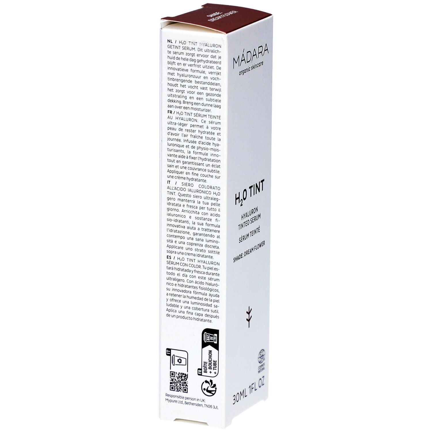 Emballage produit avec texte. H2O Tint Sérum teinté à l'acide hyaluronique. Ingrédients, instructions et certifications. 30ml.