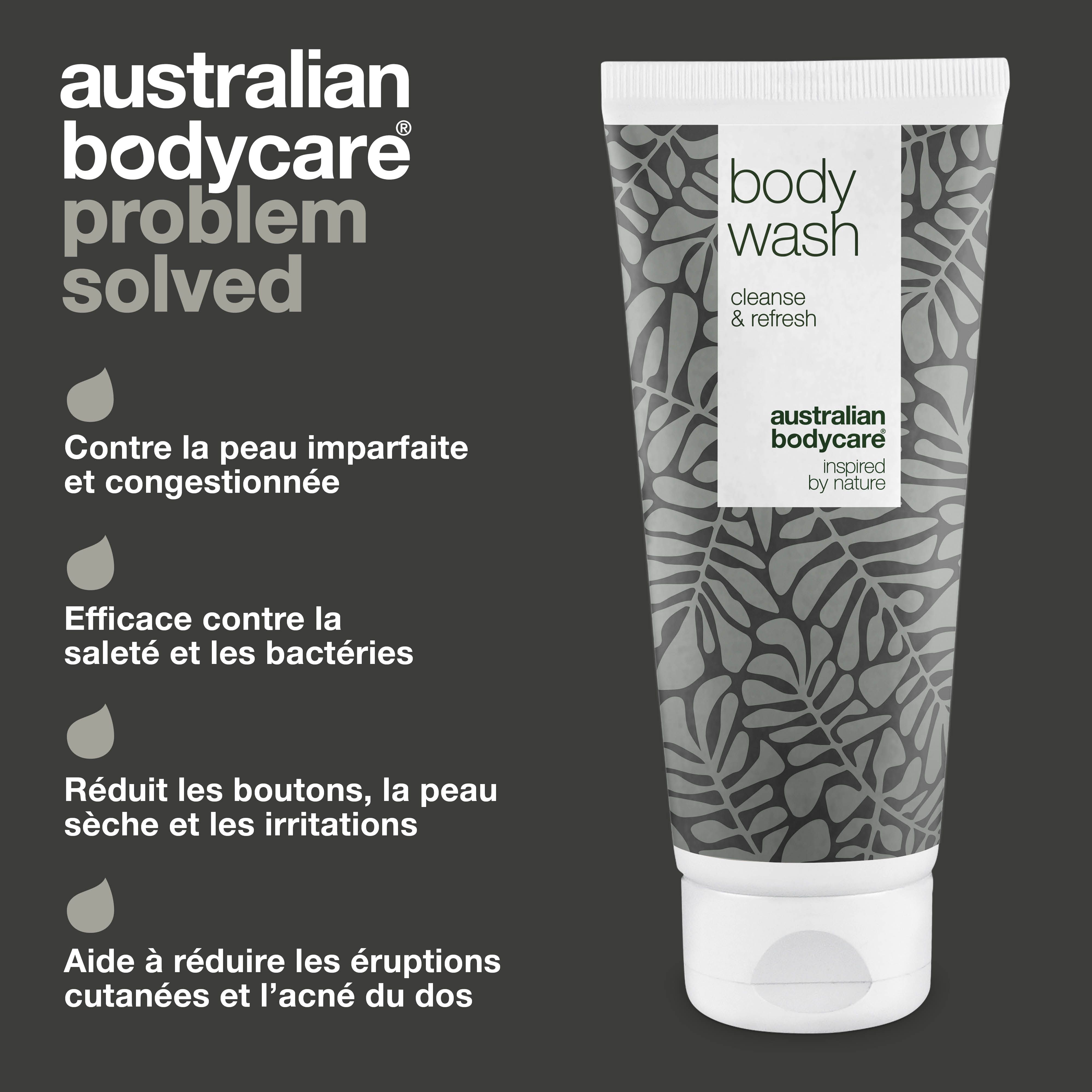 Tube avec inscription body wash, cleanse & refresh. Logo : Australian Bodycare. Texte : Contre la peau imparfaite et congestionnée.